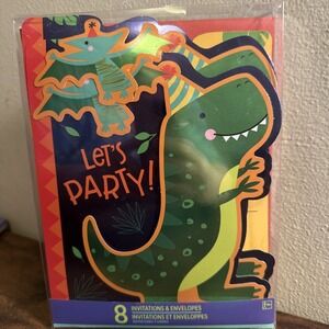 New 8 pack of dinosaur "let's party"invitations and‎ envelopes